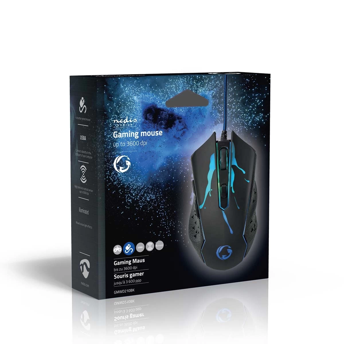 Nedis Nedis GMWD210BK Gaming Muis 1.5 Meter (USB, 6-knops, 1200-3600 DPI, LED) - Afbeelding 10