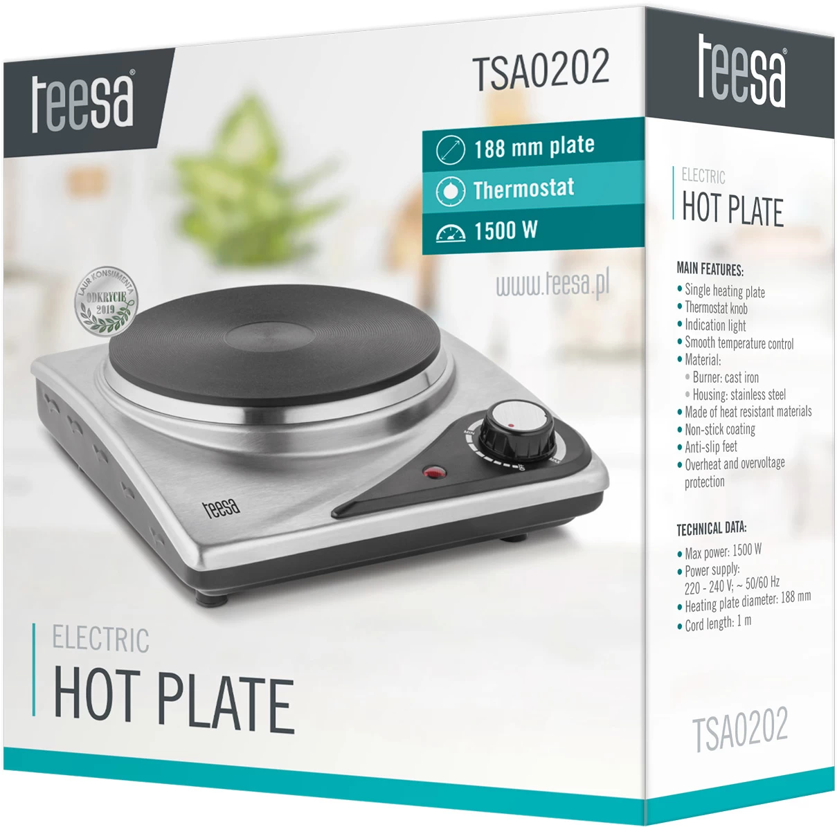 Teesa Teesa TSA0202 Elektrische Kookplaat (1 Pits, 1500W, RVS) - Afbeelding 5