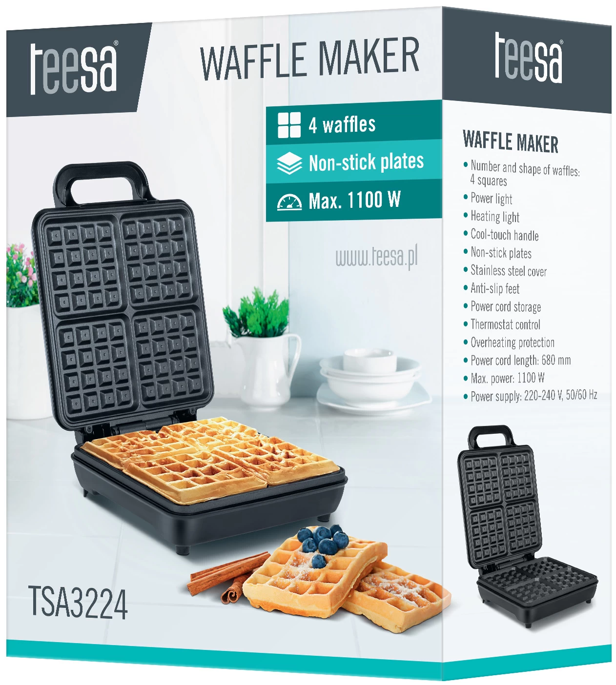 Teesa Teesa TSA3224 Wafelijzer (4 Wafels, 1100 Watt) - Afbeelding 4